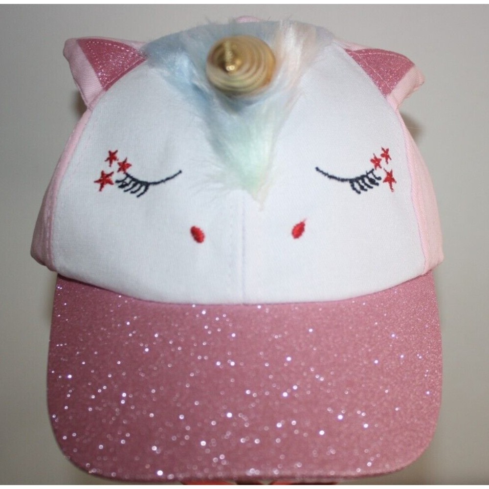 Girl's Unicorn Cap Pink & White Glitter Brim Colorful Hair Adjustable Summer NIP